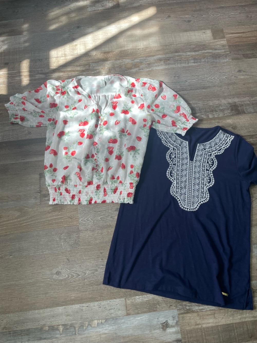 Cottagecore Tops Bundle - Strawberry Blouse and Navy Blue Embroidered Top
